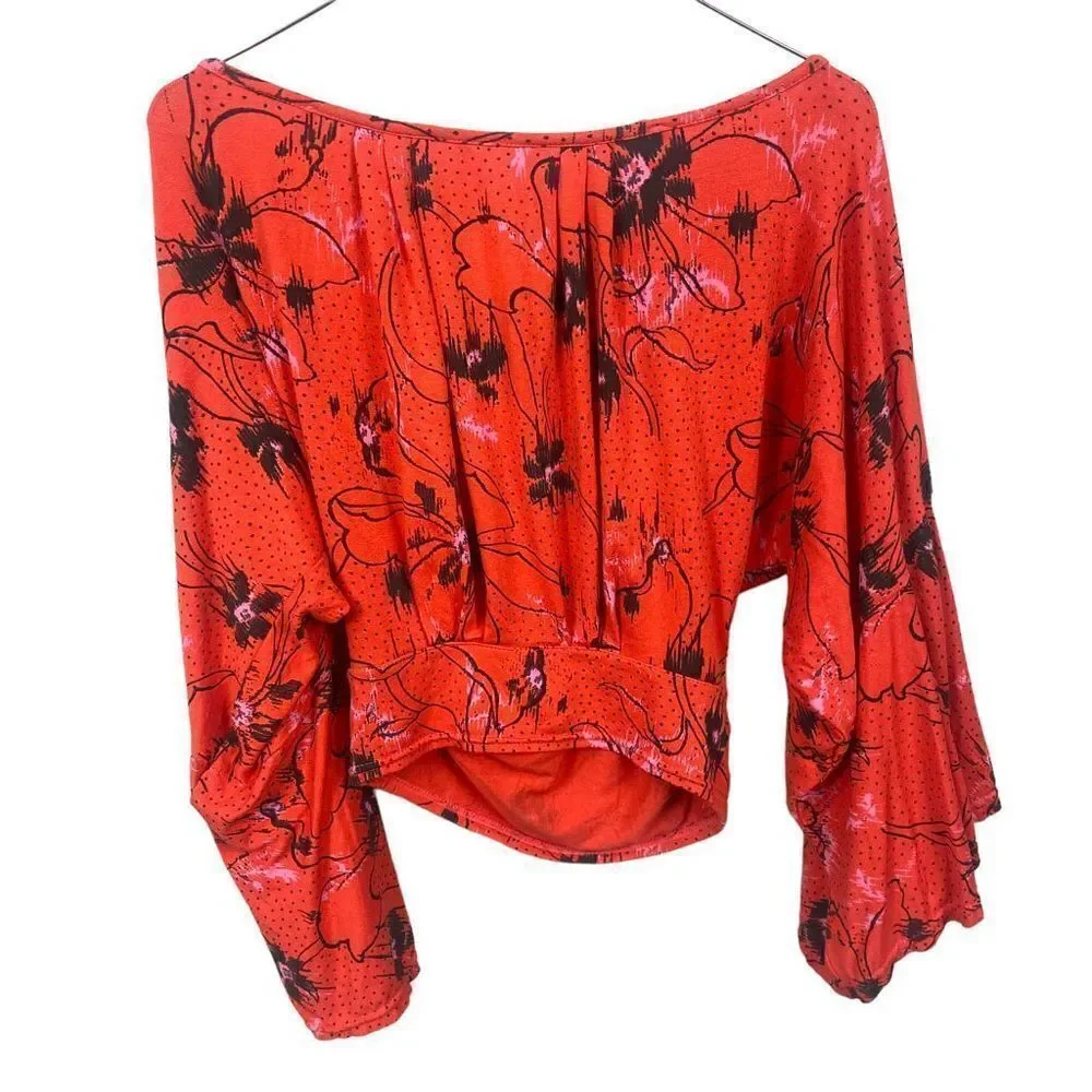 Free People Last Time Floral Blouse Draped Bell Sleeve Wrap Top